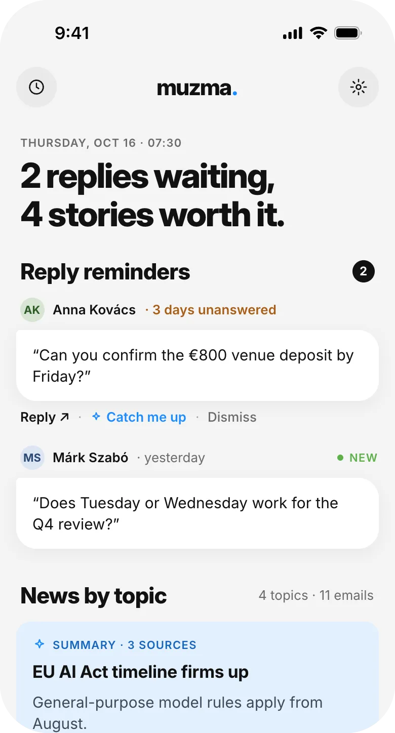 A muzma briefing: 2 replies waiting and 4 stories worth reading, with reply reminders from Anna Kovács and Márk Szabó and a news summary about the EU AI Act.